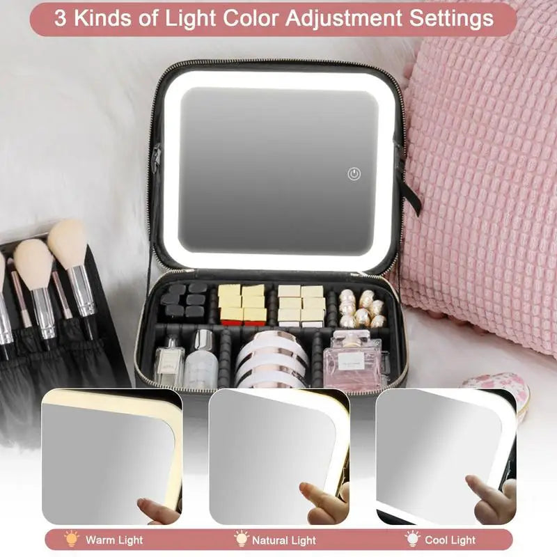 Makeup Bag with Light up Mirror 3 Color Light LED Lighted Makeup Case PU Leather Make up Traveling Organizer Bag Makeup Case